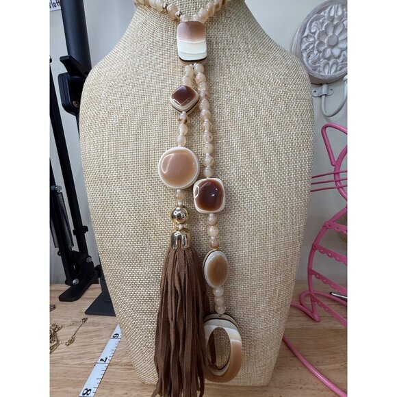 Chicos Long Beaded Necklace W/ Leather Tassel & Gradient Brown Accents - Picture 4 of 16